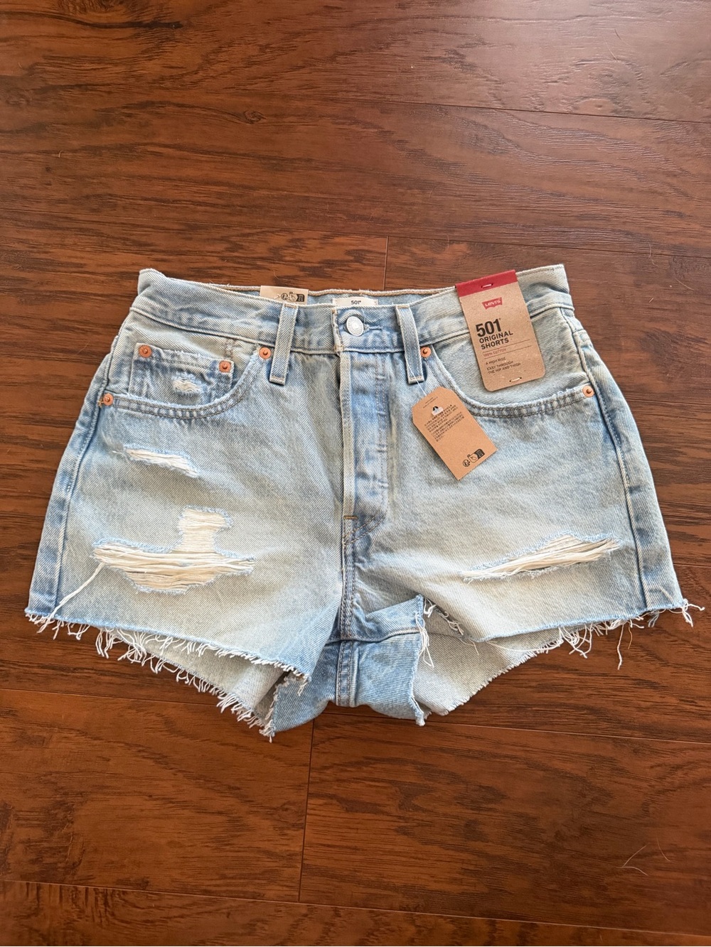 New / Tags Levi's 501 Light Blue Distressed Denim Shorts - Picture 1 of 7